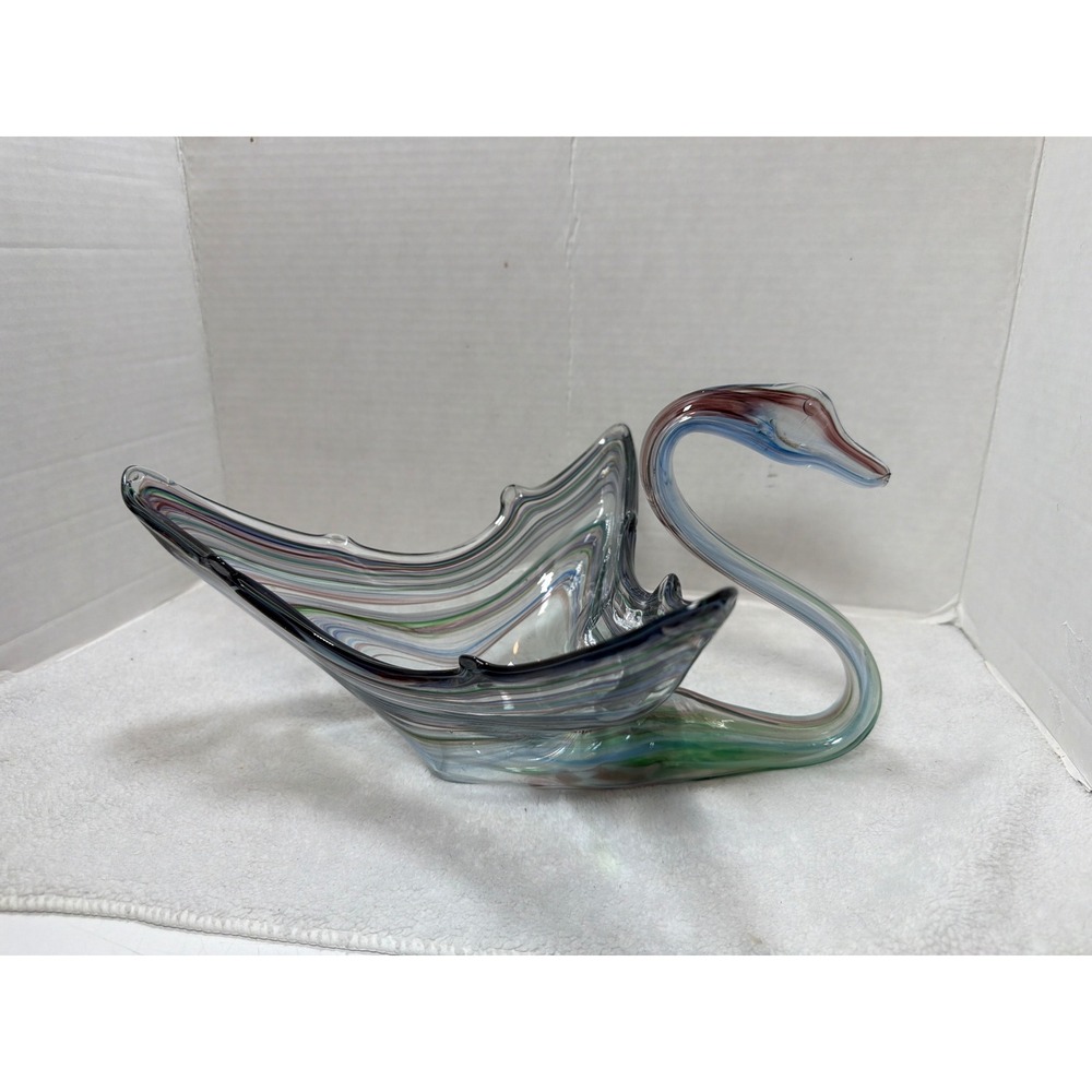 VTG Large Hand Blown Sooner Glass Swan Centerpiece Bowl Yellow Blue Green Swirl